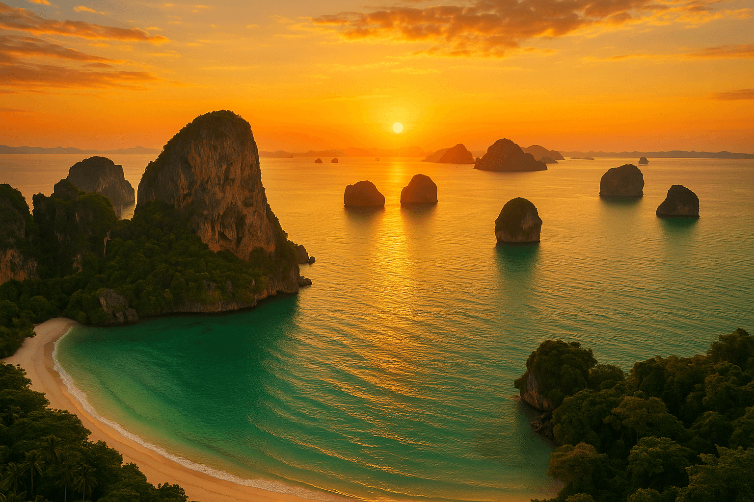 Aerial sunset view of Krabi's coastline and limestone cliffs