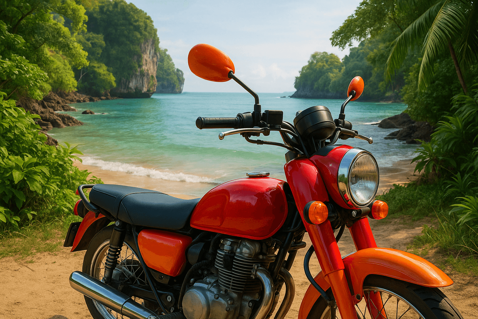 Motorbike parked at a hidden Krabi beach with clear waters