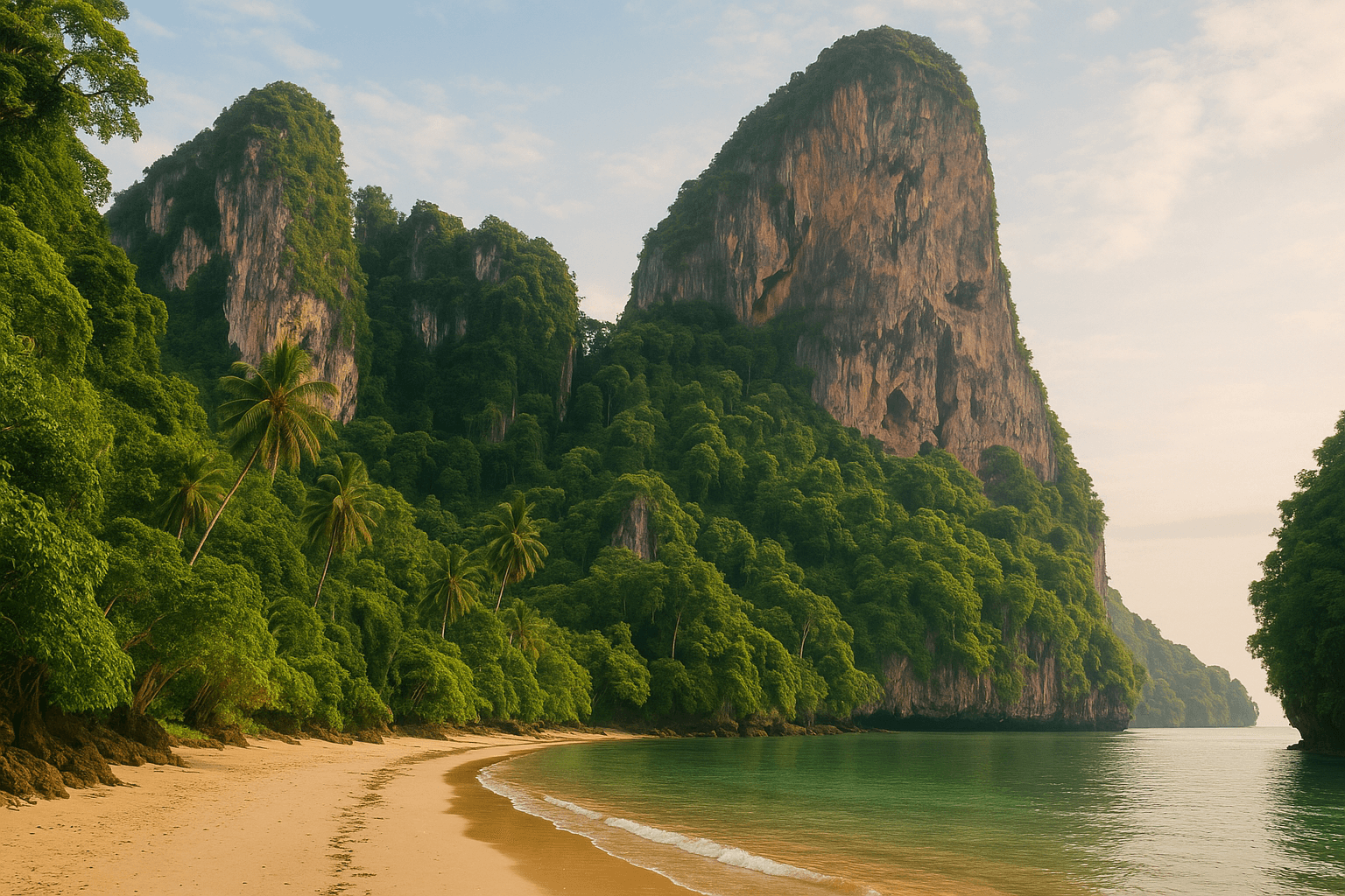 Krabi's lush jungles and limestone cliffs at sunrise, affordable travel