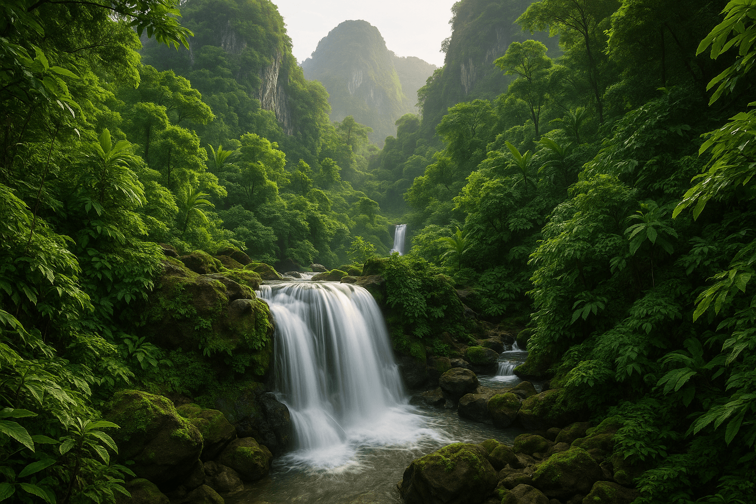 Lush jungle landscape with dramatic waterfalls in Krabi, Thailand