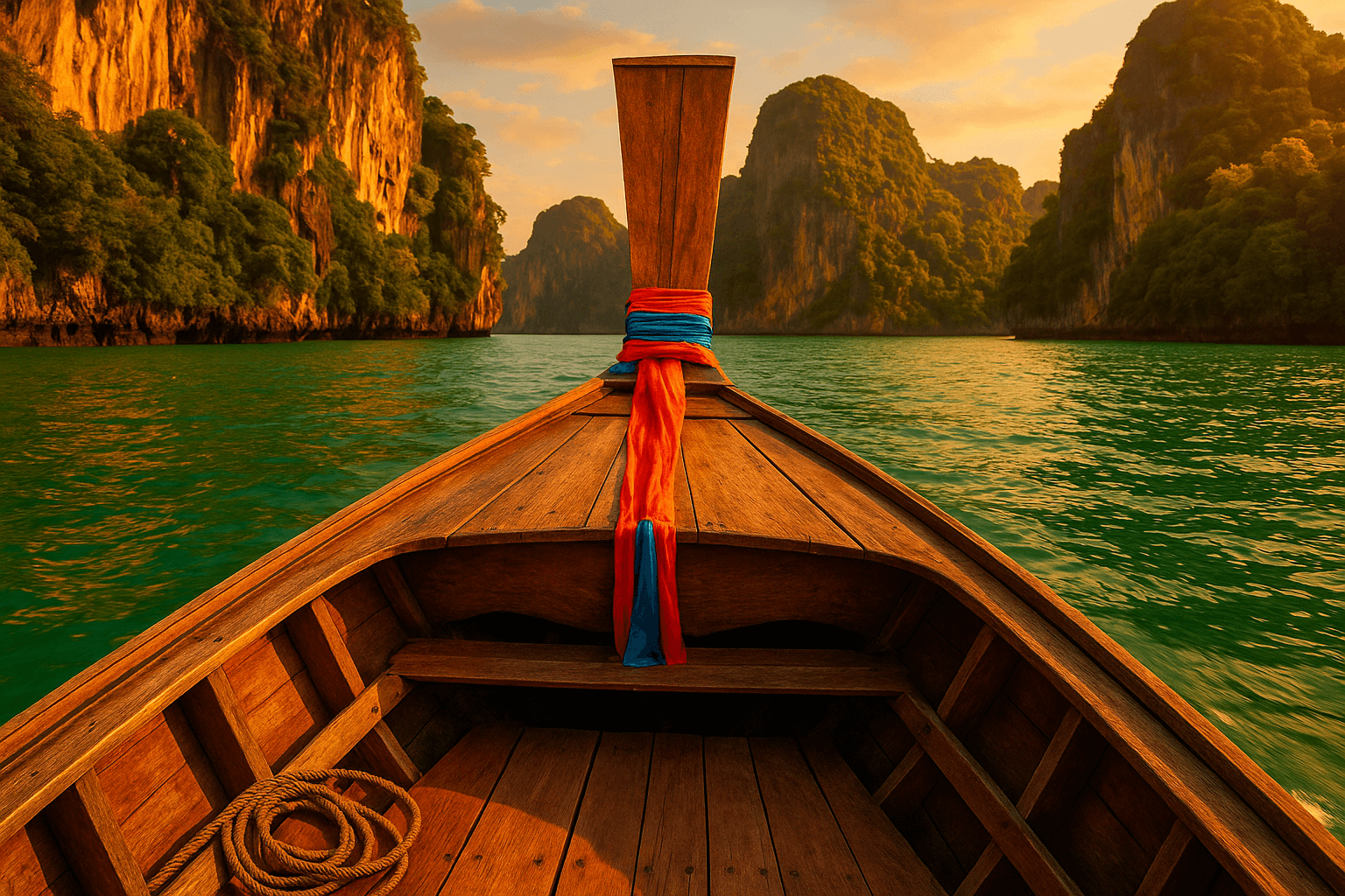 Traditional longtail boat in emerald waters near limestone cliffs in Krabi.