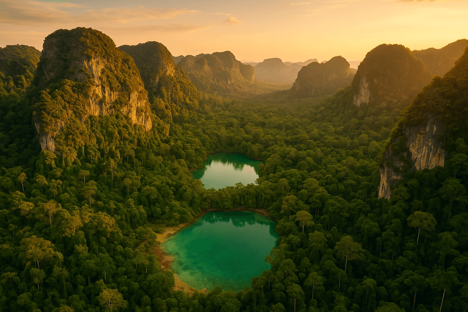 Aerial view of Krabi's lush landscape with emerald pools and cliffs