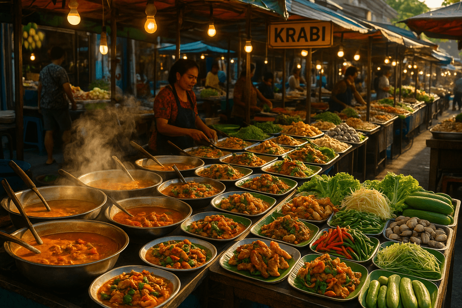 Vibrant street food scene in Krabi with local Thai dishes, budget-friendly