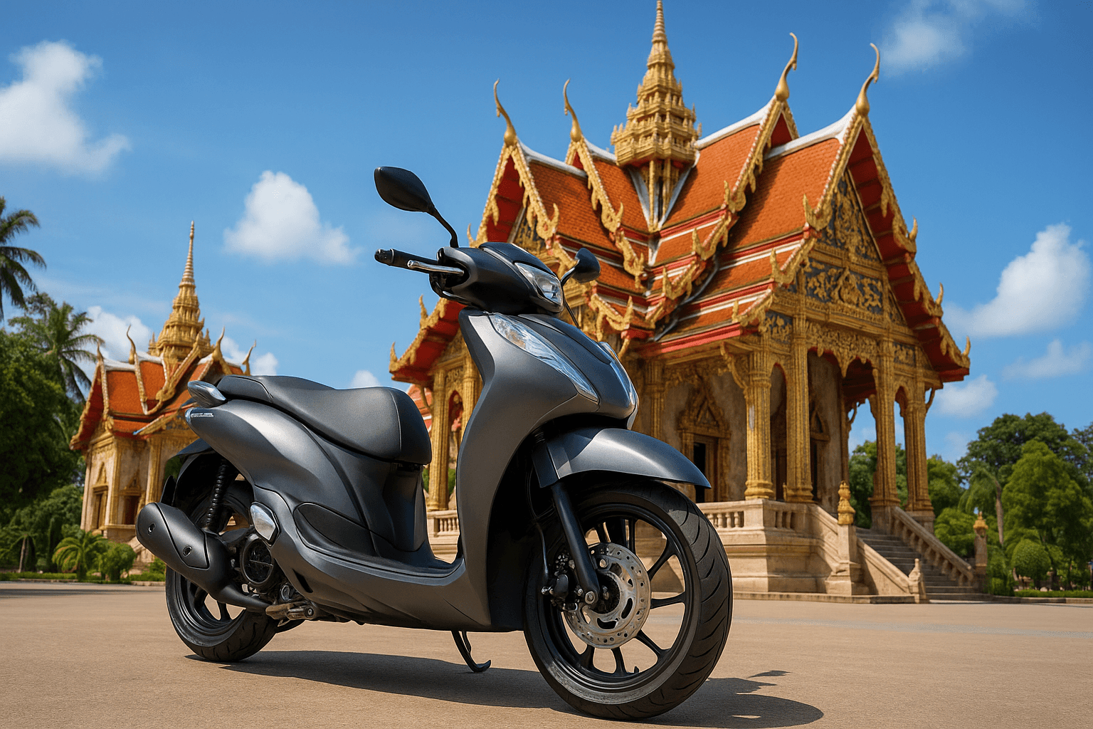 Scooter parked in front of a colorful Krabi temple