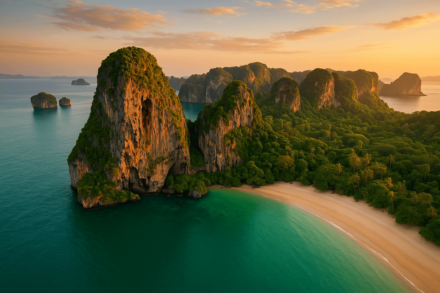 Aerial view of Krabi's limestone cliffs and emerald waters at sunset