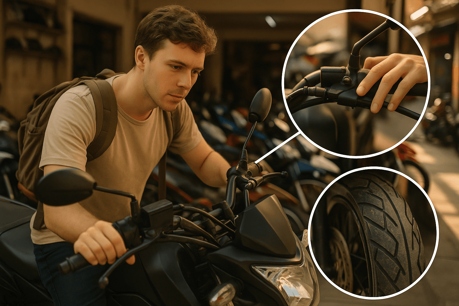 Traveler inspecting a motorbike at a rental shop in Thailand