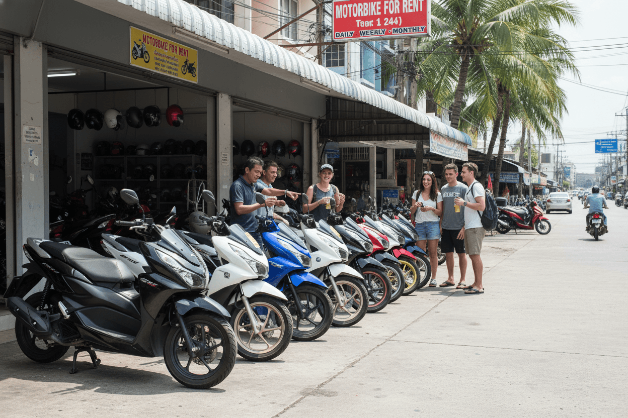 Local motorbike rental shop in Pattaya with customers browsing