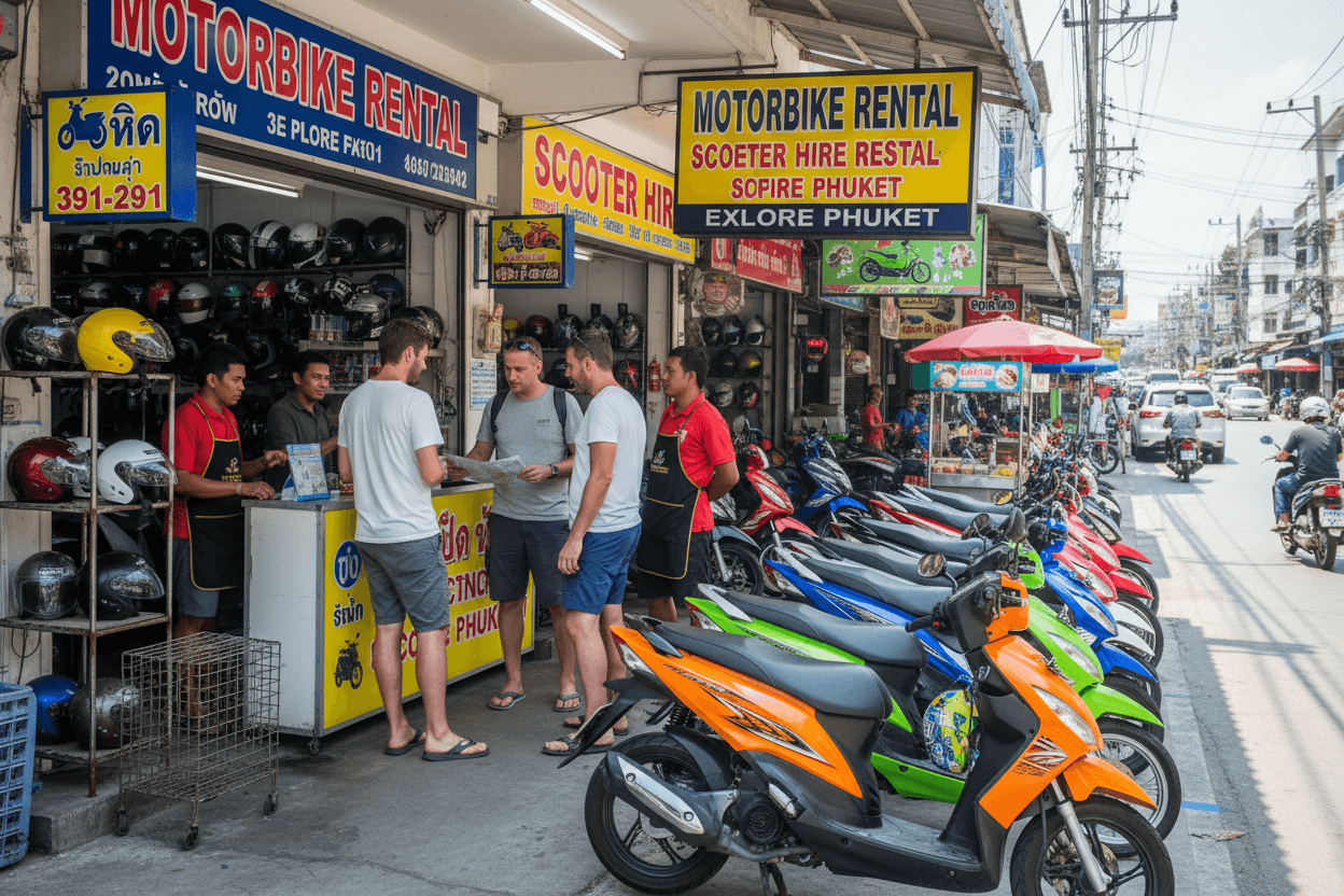 Vibrant street-level view of a motorbike rental shop in Thailand with tourists and scooters