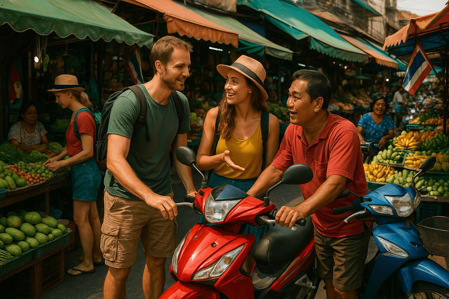 Tourists negotiating motorbike rentals in vibrant Thailand market