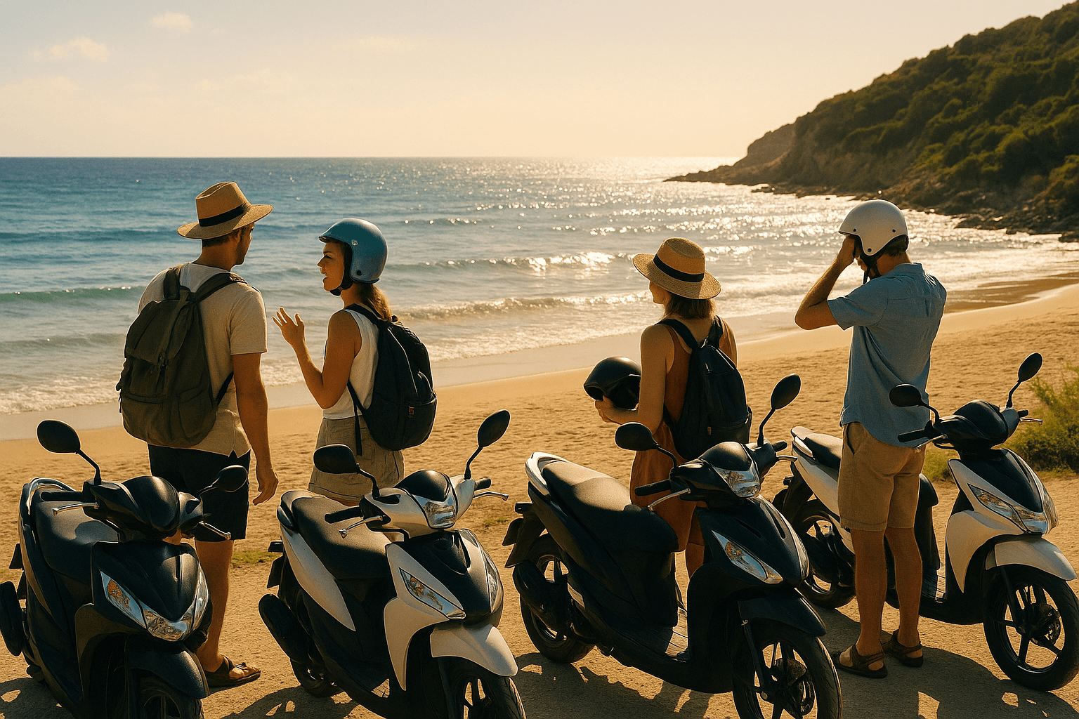 Tourists returning rented motorbike at Thailand beach