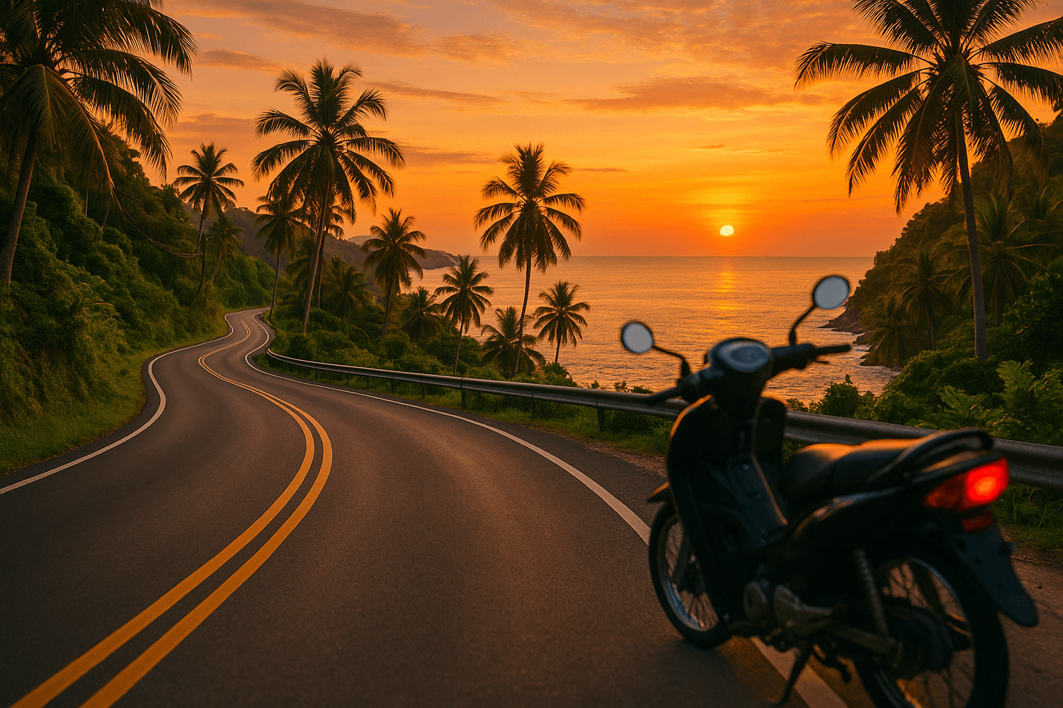 Scenic Thailand coastal highway with motorcycle at sunset