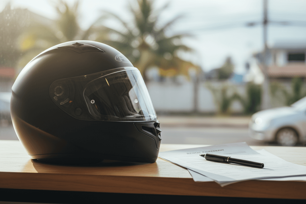 Motorcycle helmet on a rental counter in Pattaya