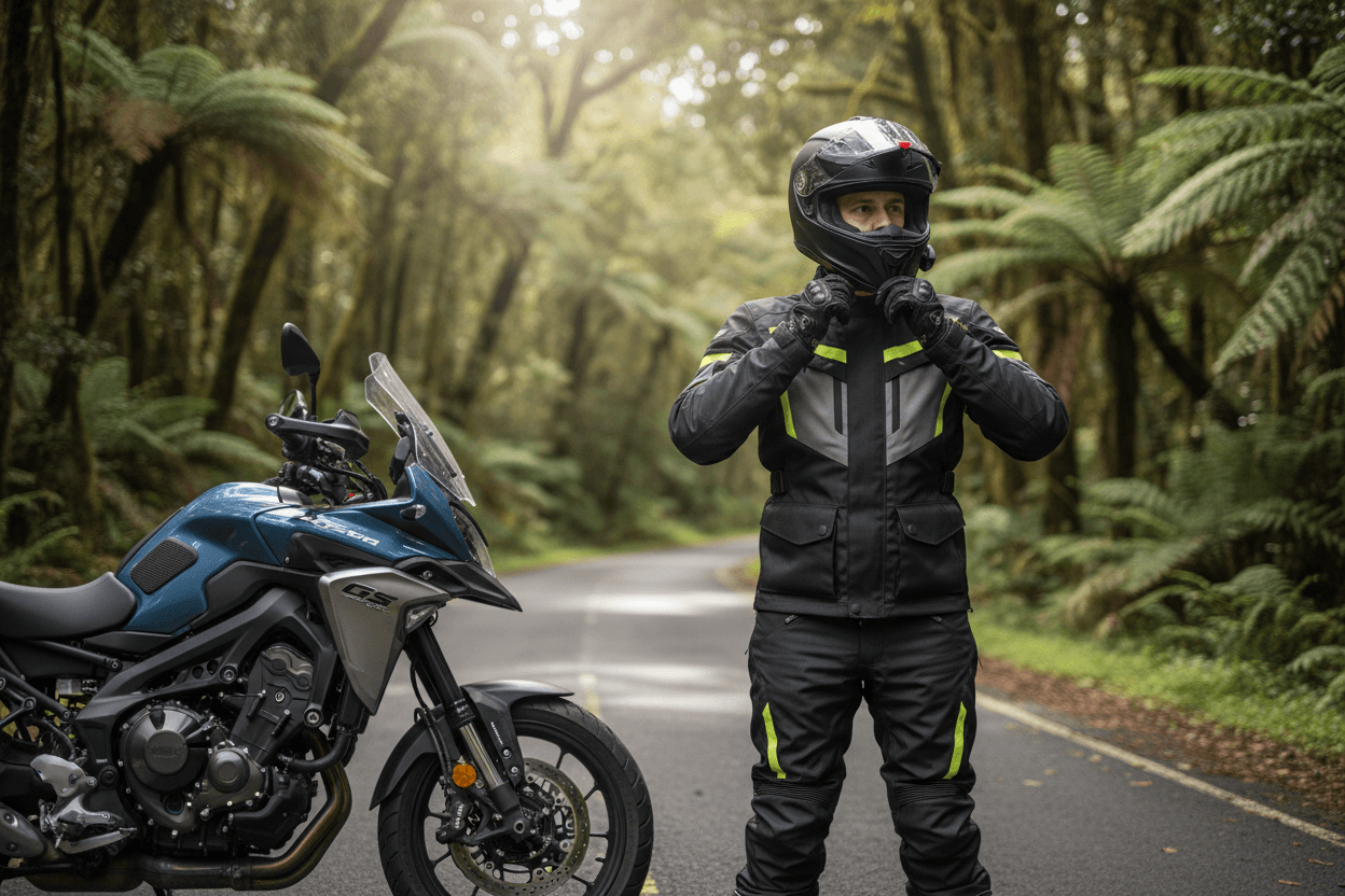 Motorcyclist in protective gear ready to ride in Thailand
