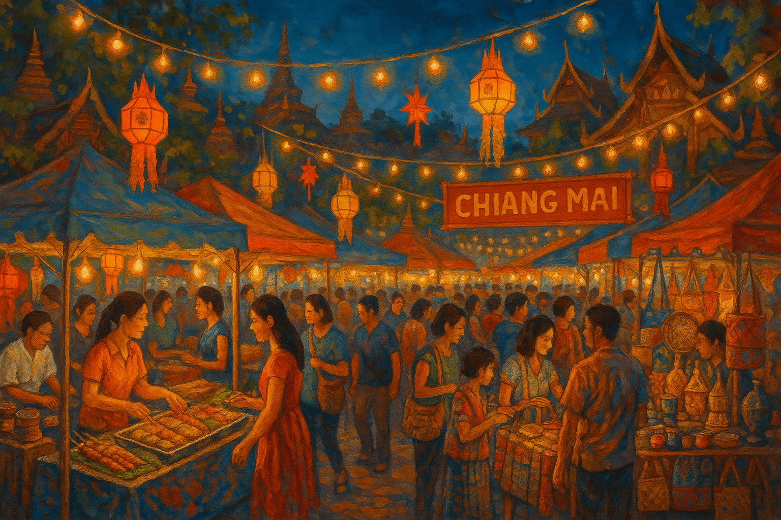 Busy Night Bazaar in Chiang Mai showcasing local crafts and street food vendors