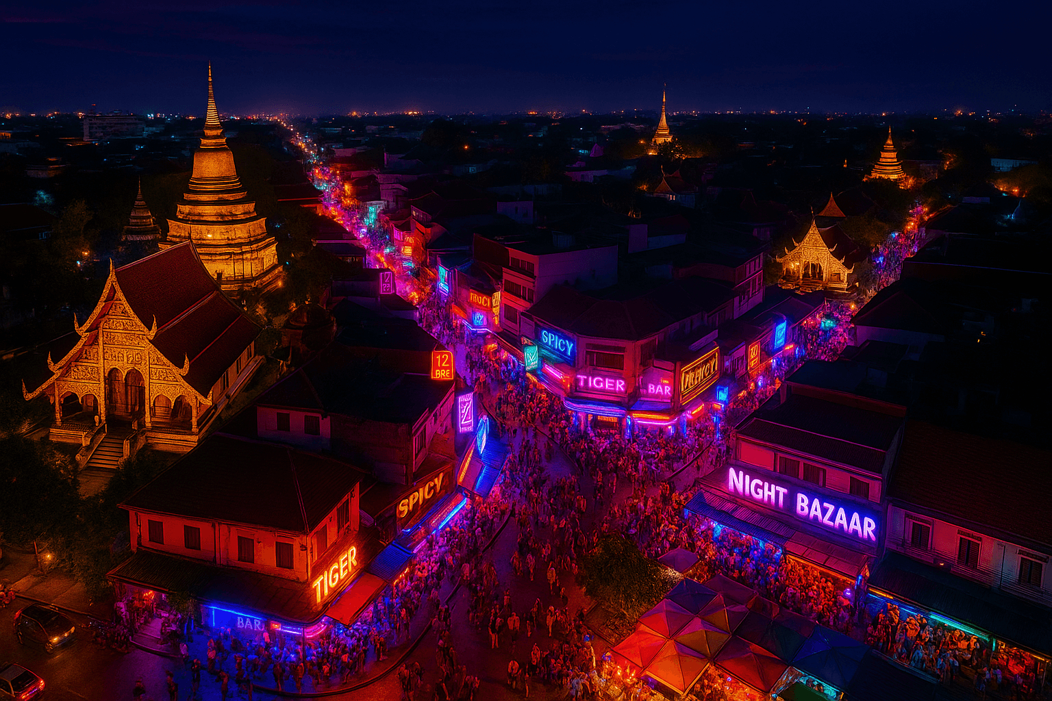 Aerial view of Chiang Mai's Old City nightlife with lively bars and markets