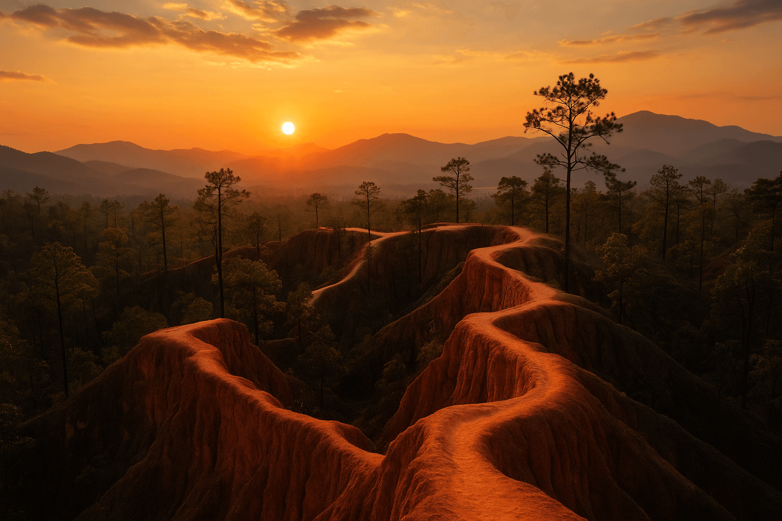 Pai Canyon illuminated by golden sunset light