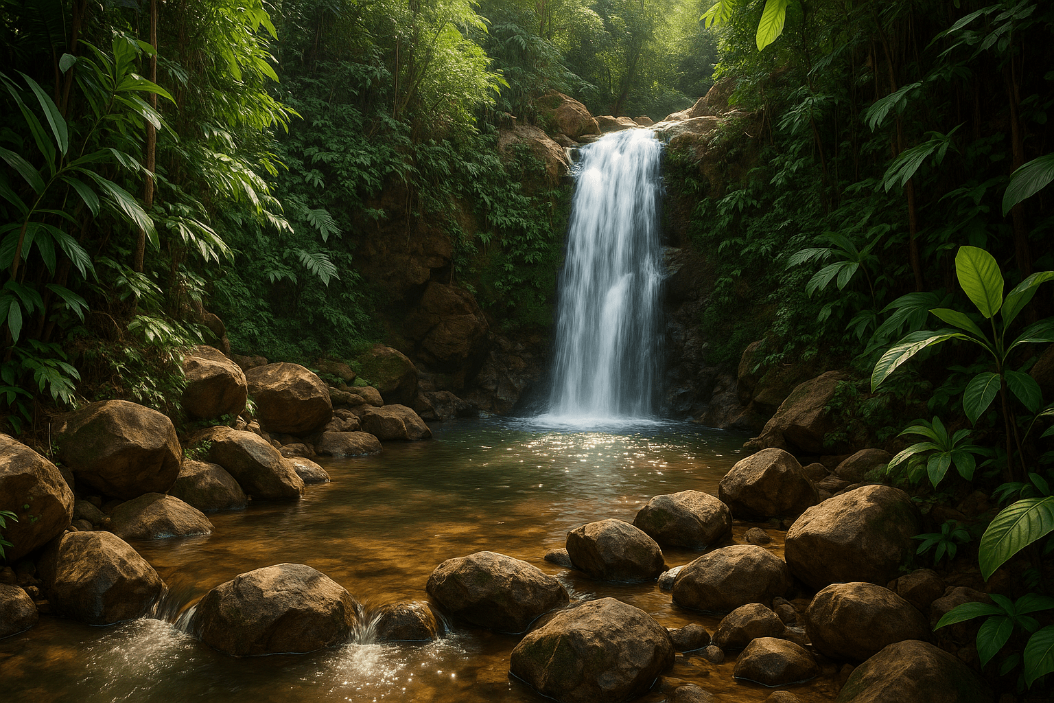 Serene hidden waterfall in Pai surrounded by lush greenery and rocks.