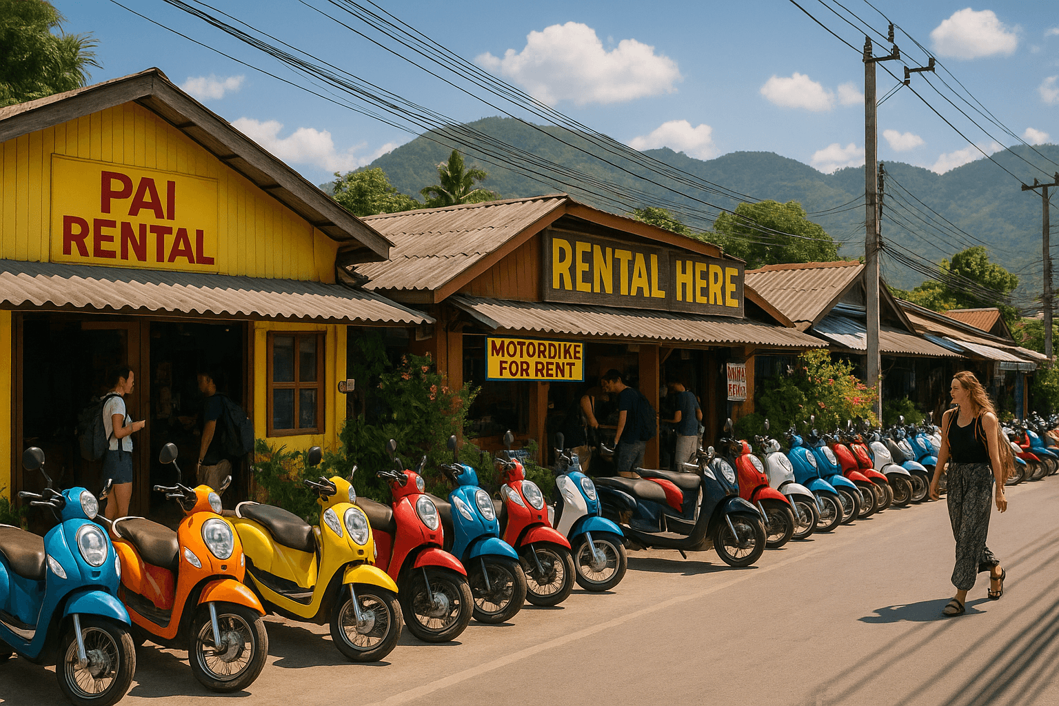 Pai rental shops with scooters ready for adventure in Northern Thailand