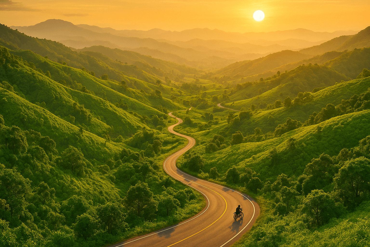 Golden hour view of Pai's emerald hills and winding roads in Northern Thailand