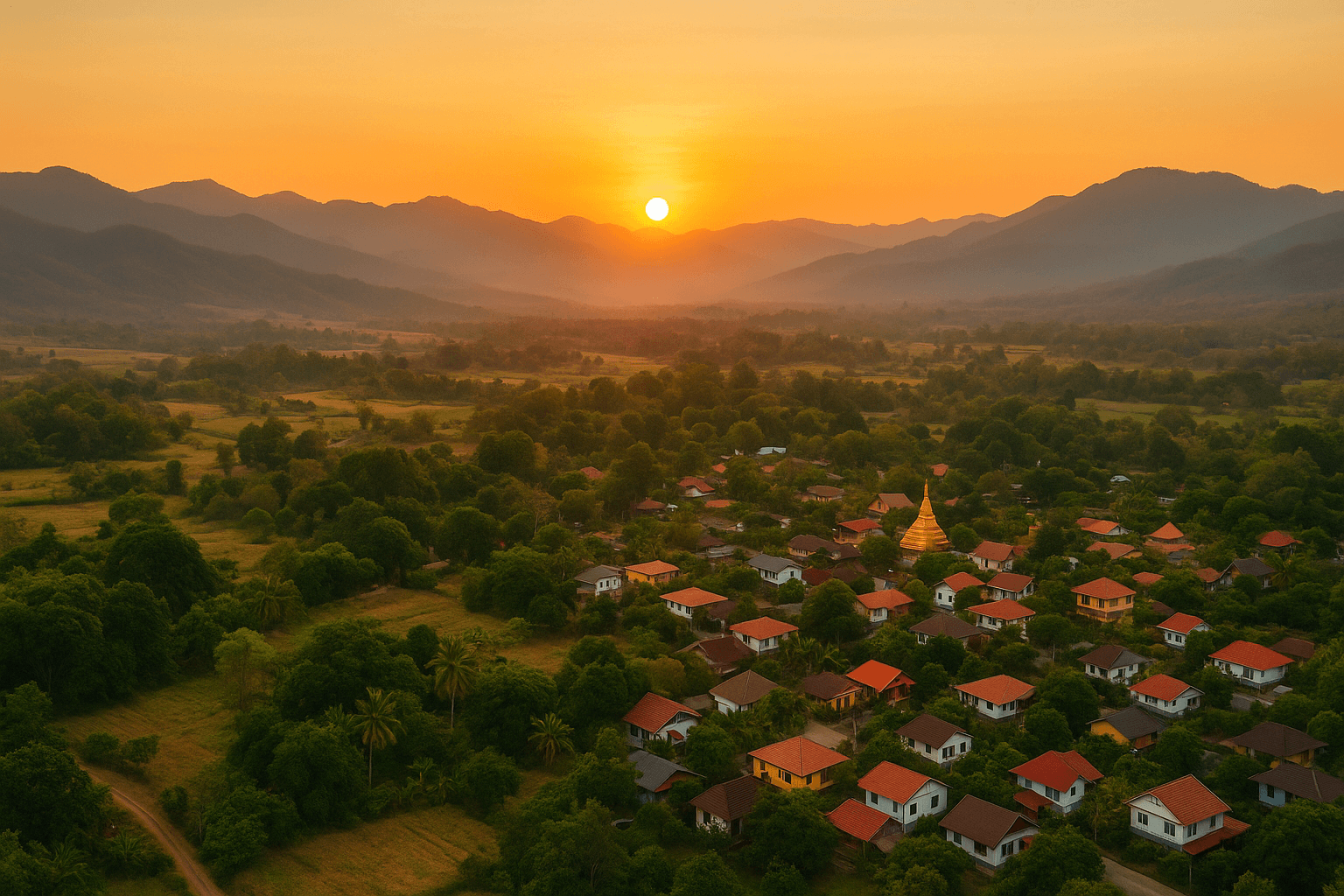 Aerial view of Pai Thailand at sunset featuring rolling hills and vibrant nightlife