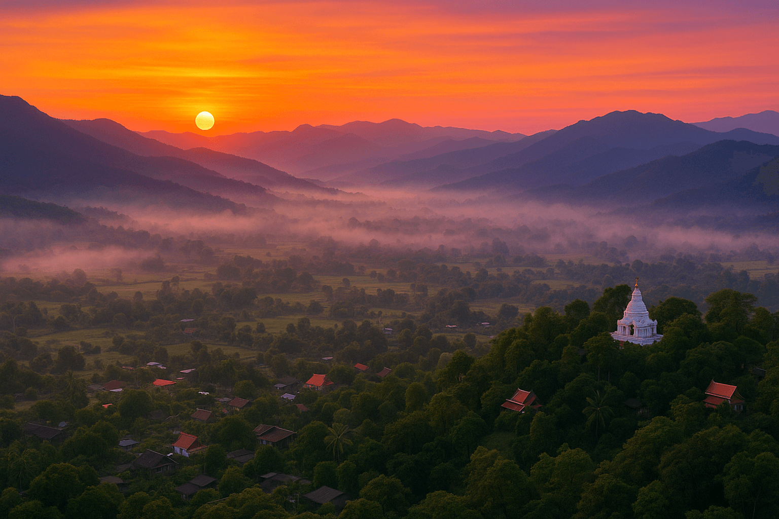 Breathtaking sunset view of Pai, Thailand with misty mountains and vibrant colors.