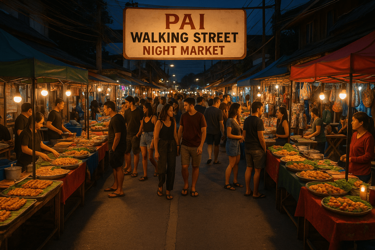 Vibrant Pai Walking Street Night Market scene with food stalls and vibrant atmosphere.