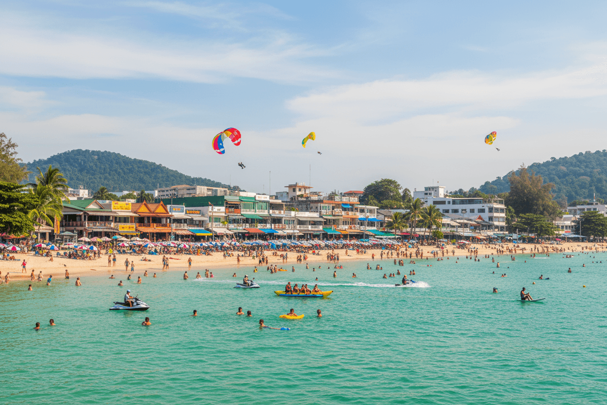 Lively scene of Patong Beach filled with activities