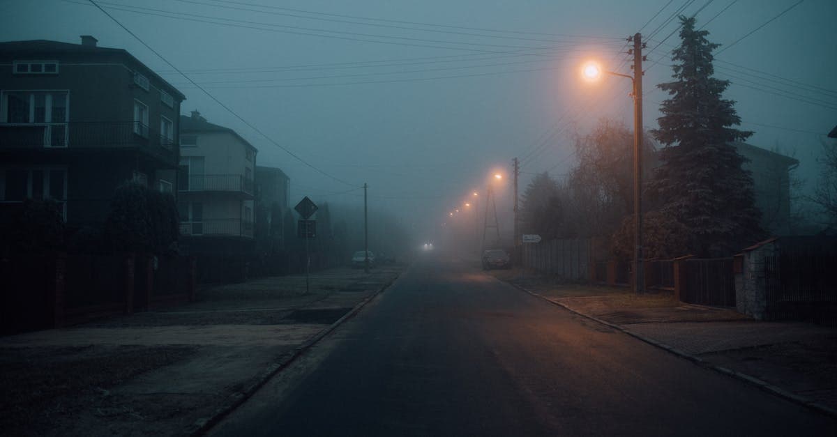 Misty night scene on a deserted road with glowing streetlights, capturing a moody atmosphere.