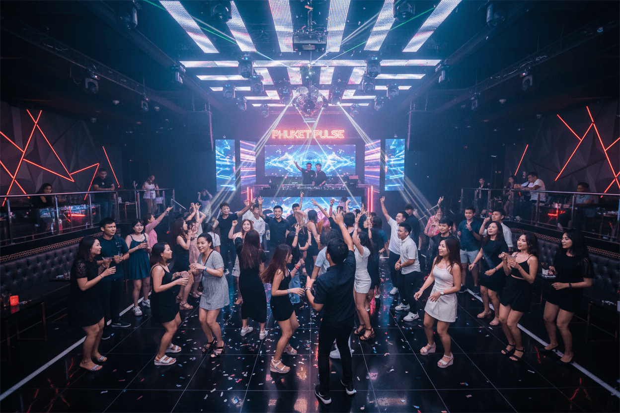 Inside a chic nightclub in Phuket with energetic dance floor.