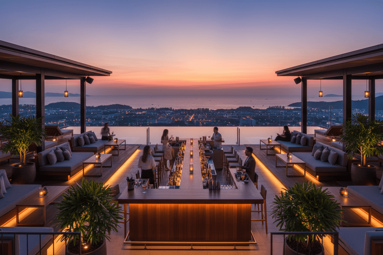 Elegant Phuket rooftop bar interior with stunning sunset views over the Andaman Sea