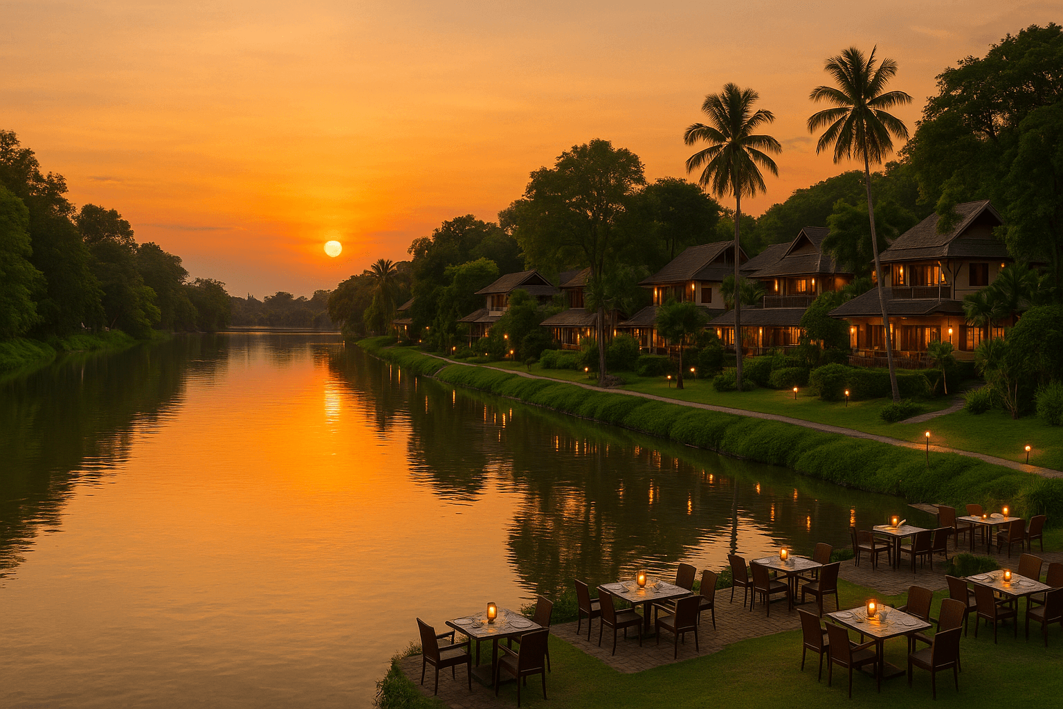Scenic riverside view along the Ping River in Chiang Mai at sunset