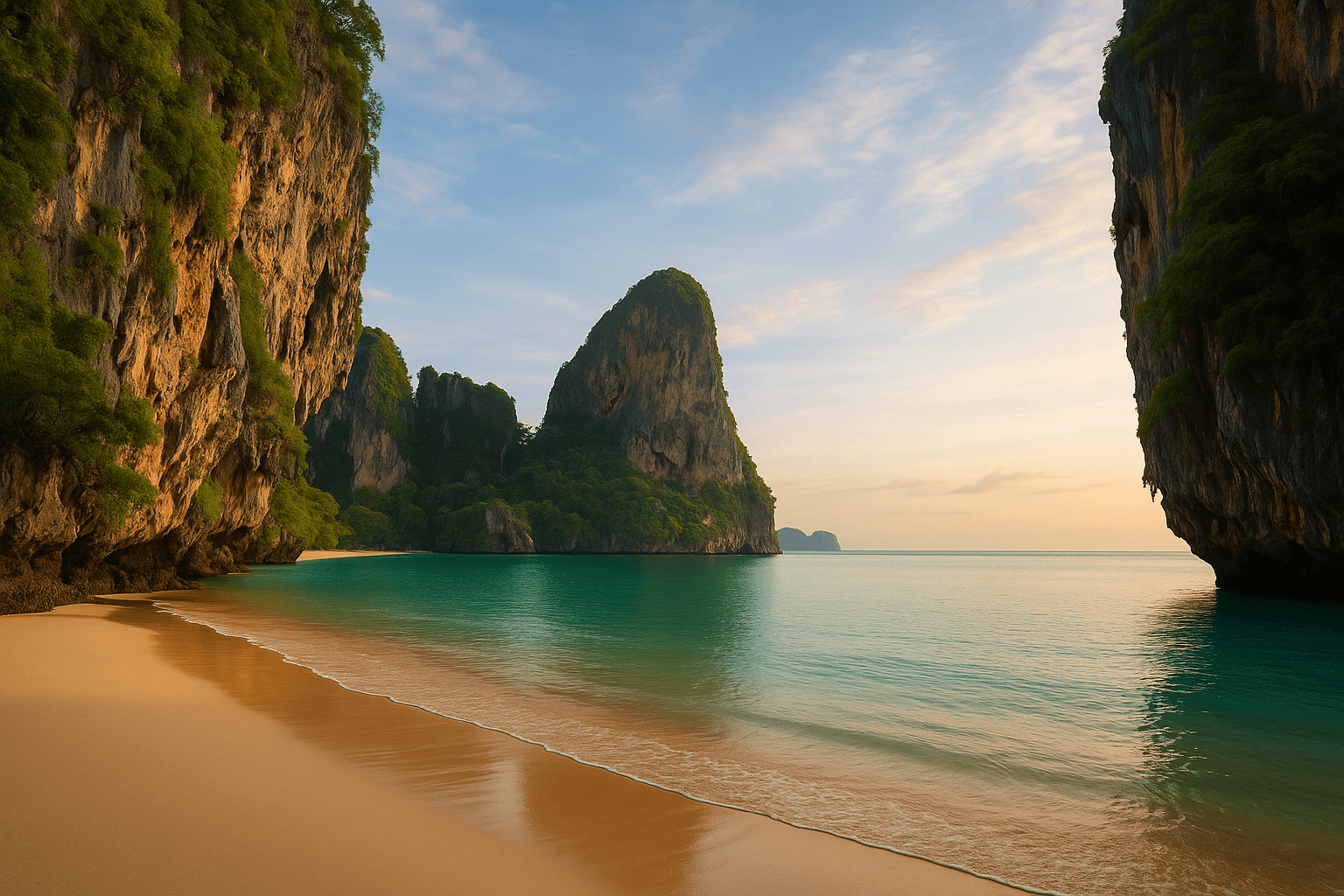 Scenic view of Railay Beach with limestone cliffs in Krabi