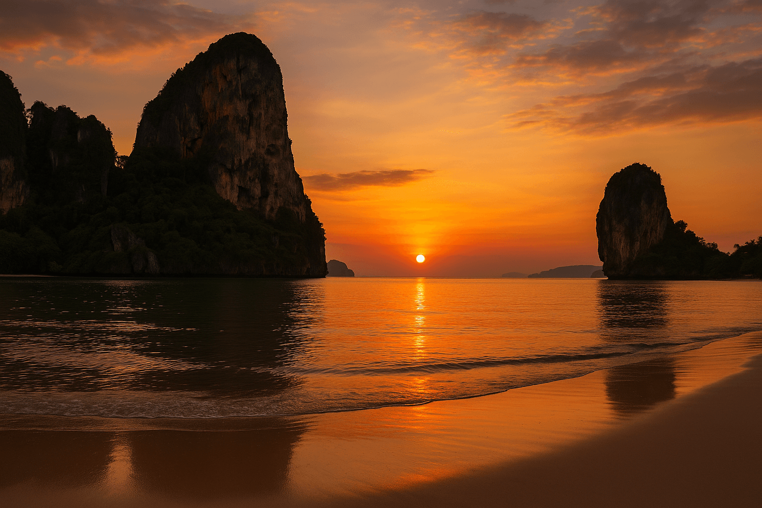 Sunset view of Railay Beach with limestone cliffs in Krabi, Thailand