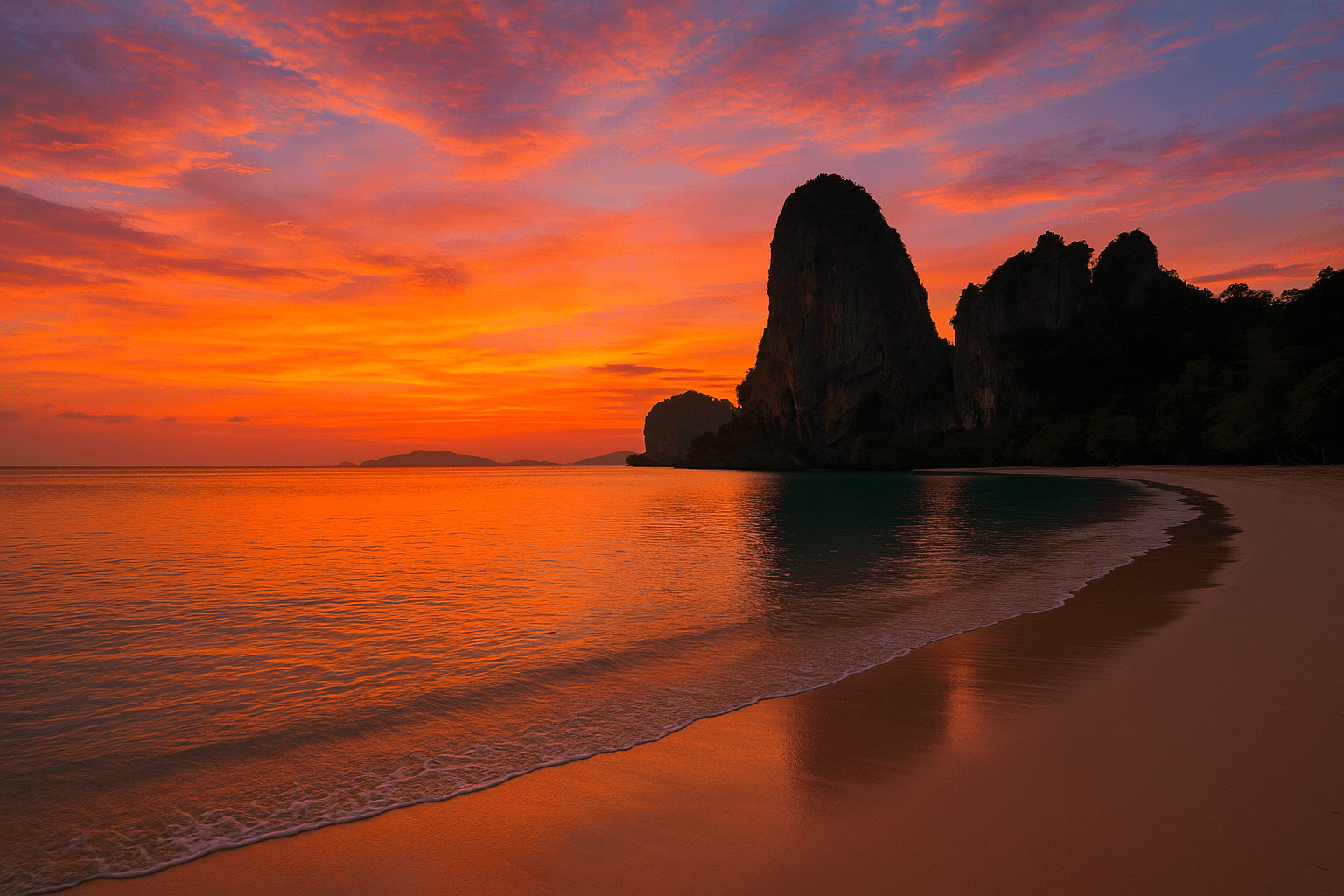 Sunset at Railay Beach with limestone cliffs in Krabi, Thailand