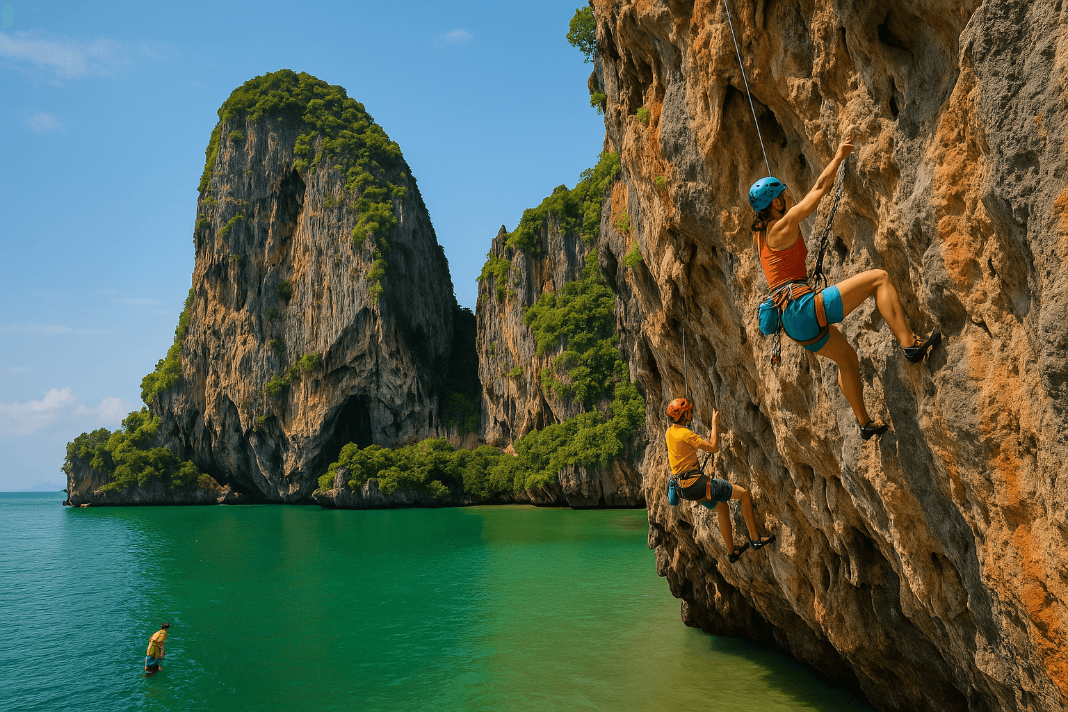 Climbers on limestone cliffs at Railay Beach, Krabi