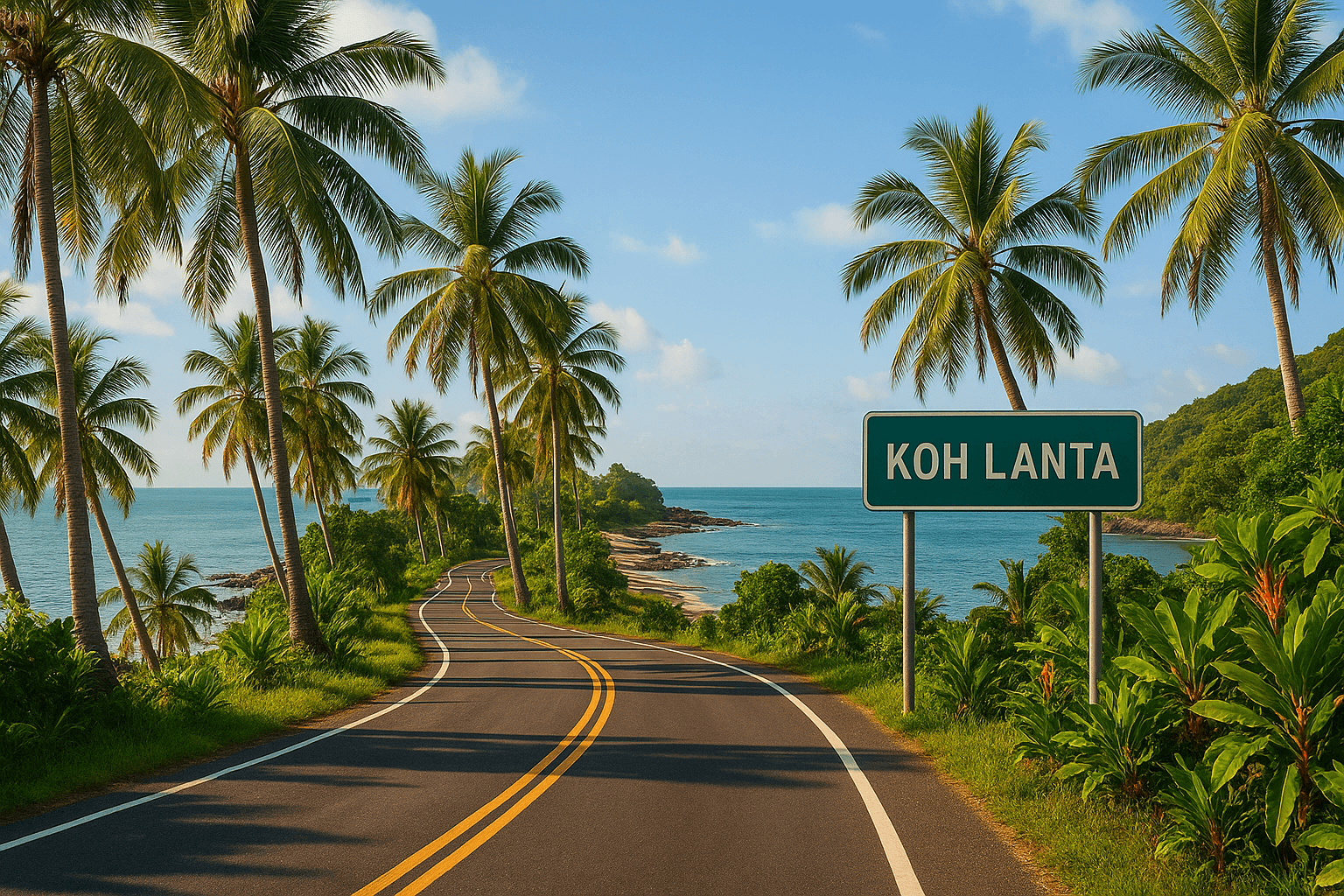Scenic road leading into Koh Lanta with beautiful coastal views