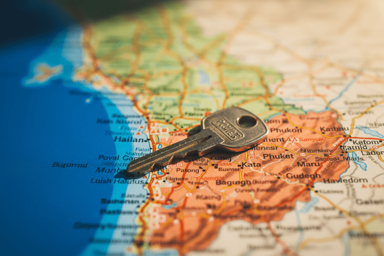 Close-up of a scooter key on a map of Phuket indicating travel routes