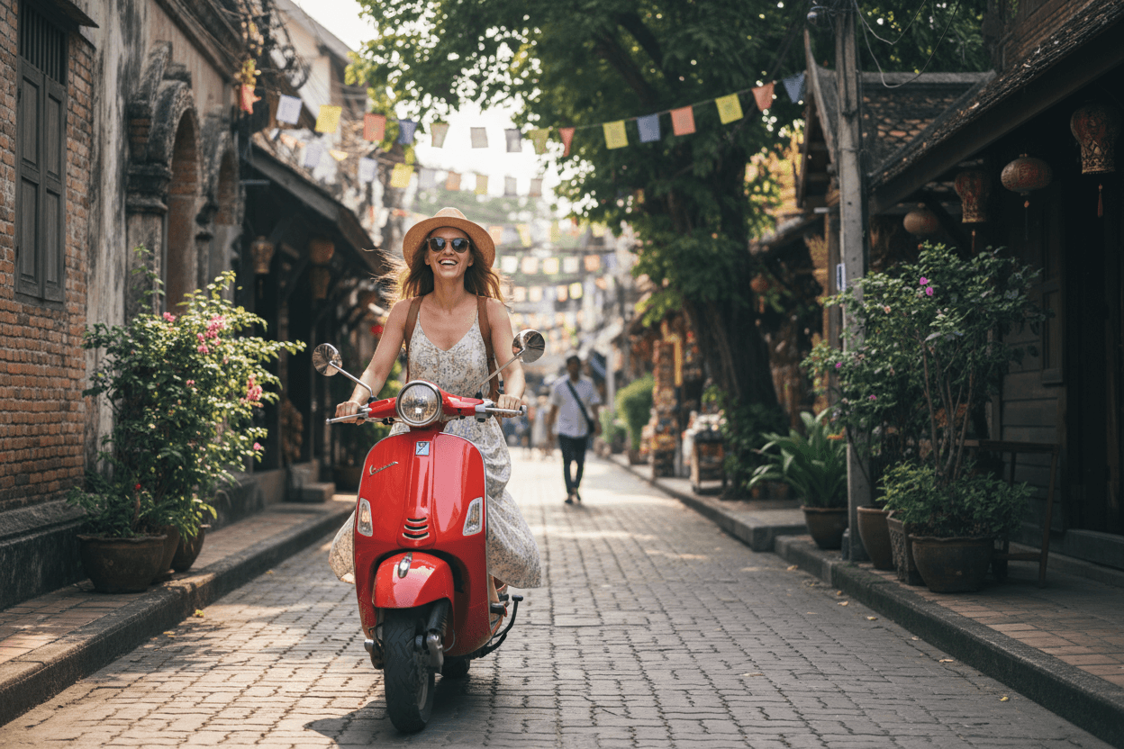 Tourist riding a scooter through Chiang Mai’s narrow streets