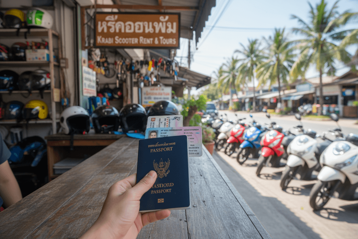 Traveler presenting documents at a scooter rental shop in Krabi, Thailand