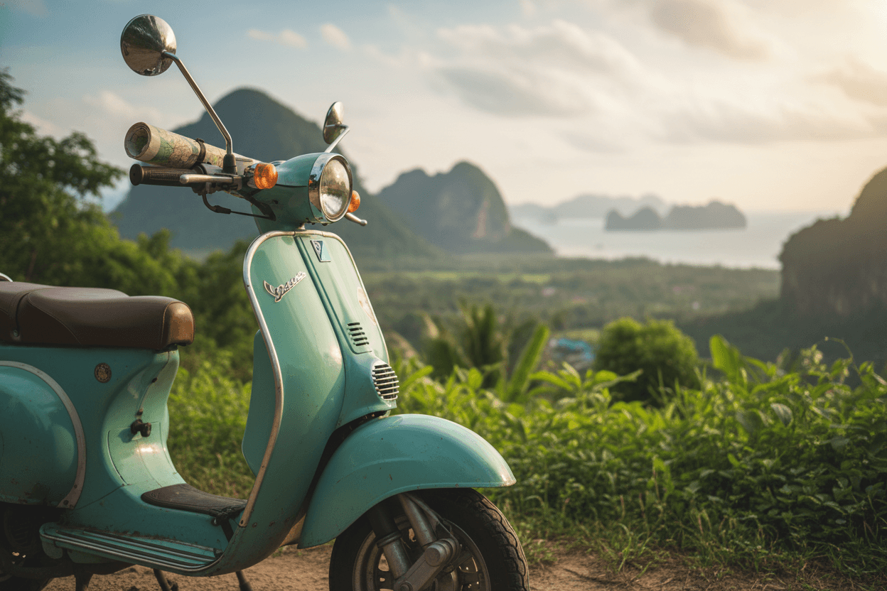 Close-up of a scooter in Krabi, Thailand surrounded by lush greenery
