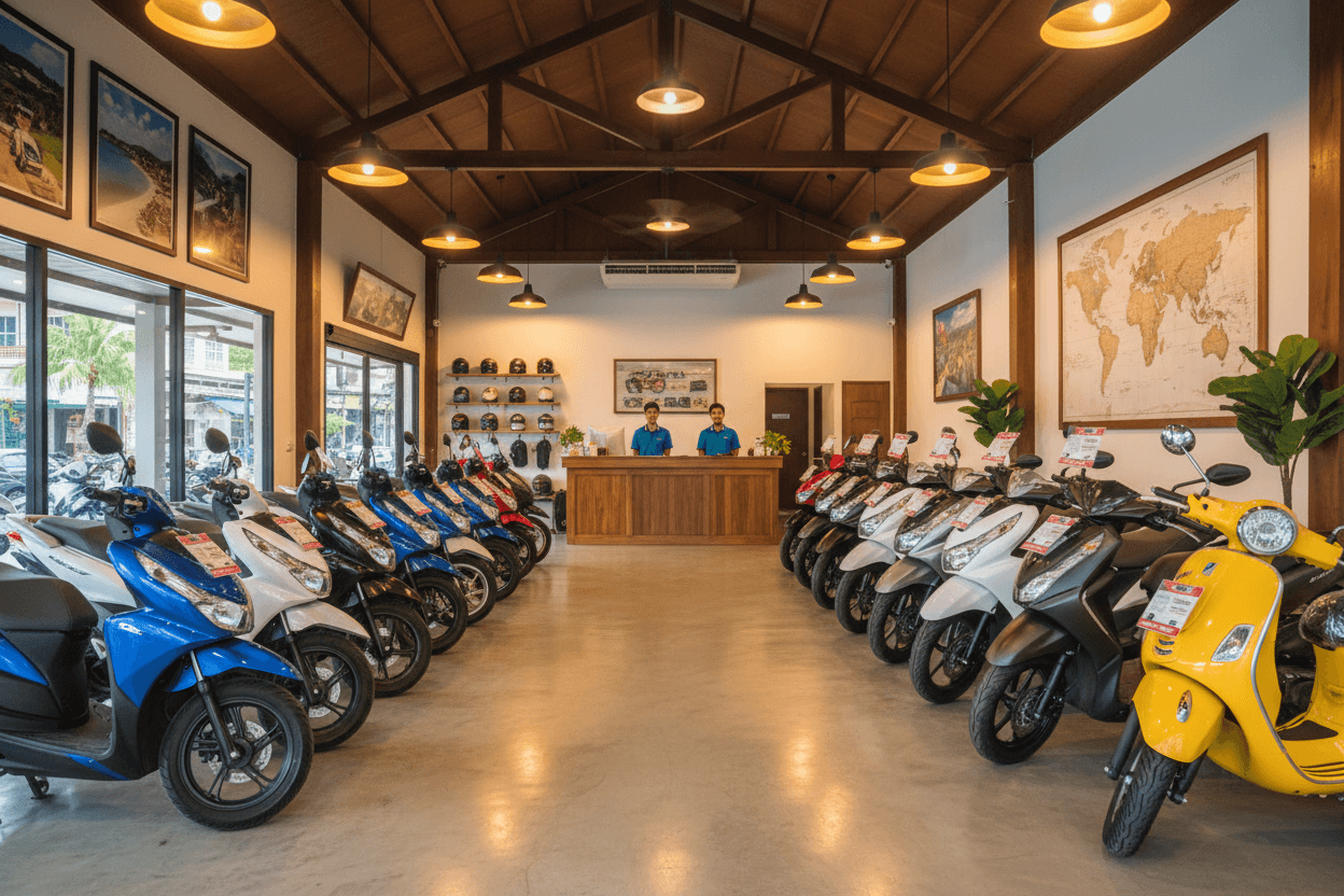 Interior view of a scooter rental shop in Krabi, Thailand filled with scooter models