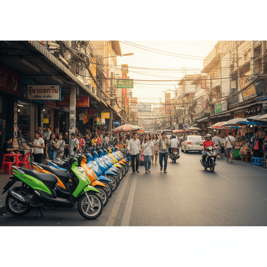 Vibrant Bangkok street scene with scooter rentals and local life