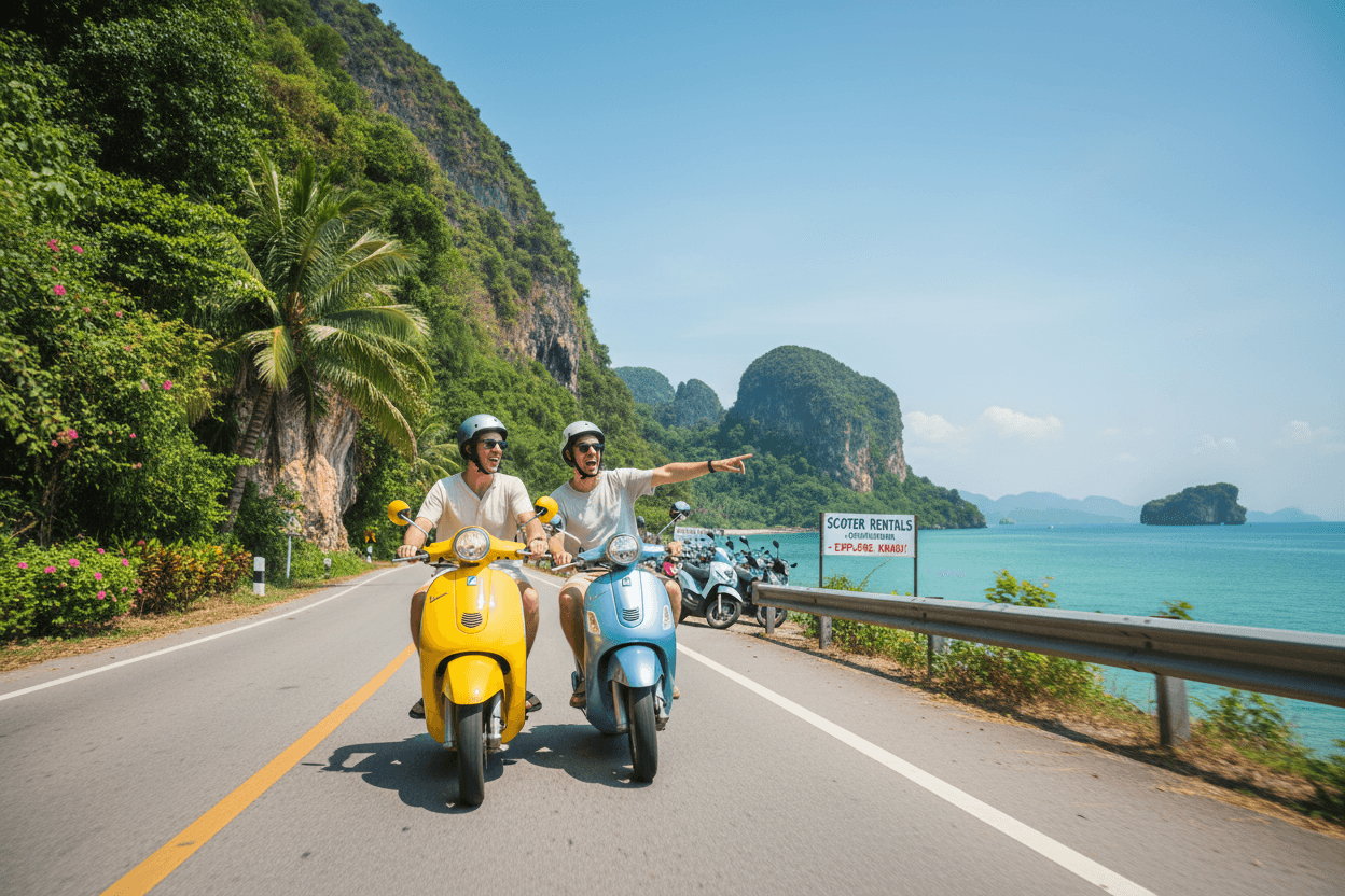 Couple riding scooters along the beautiful coastal road in Krabi, Thailand