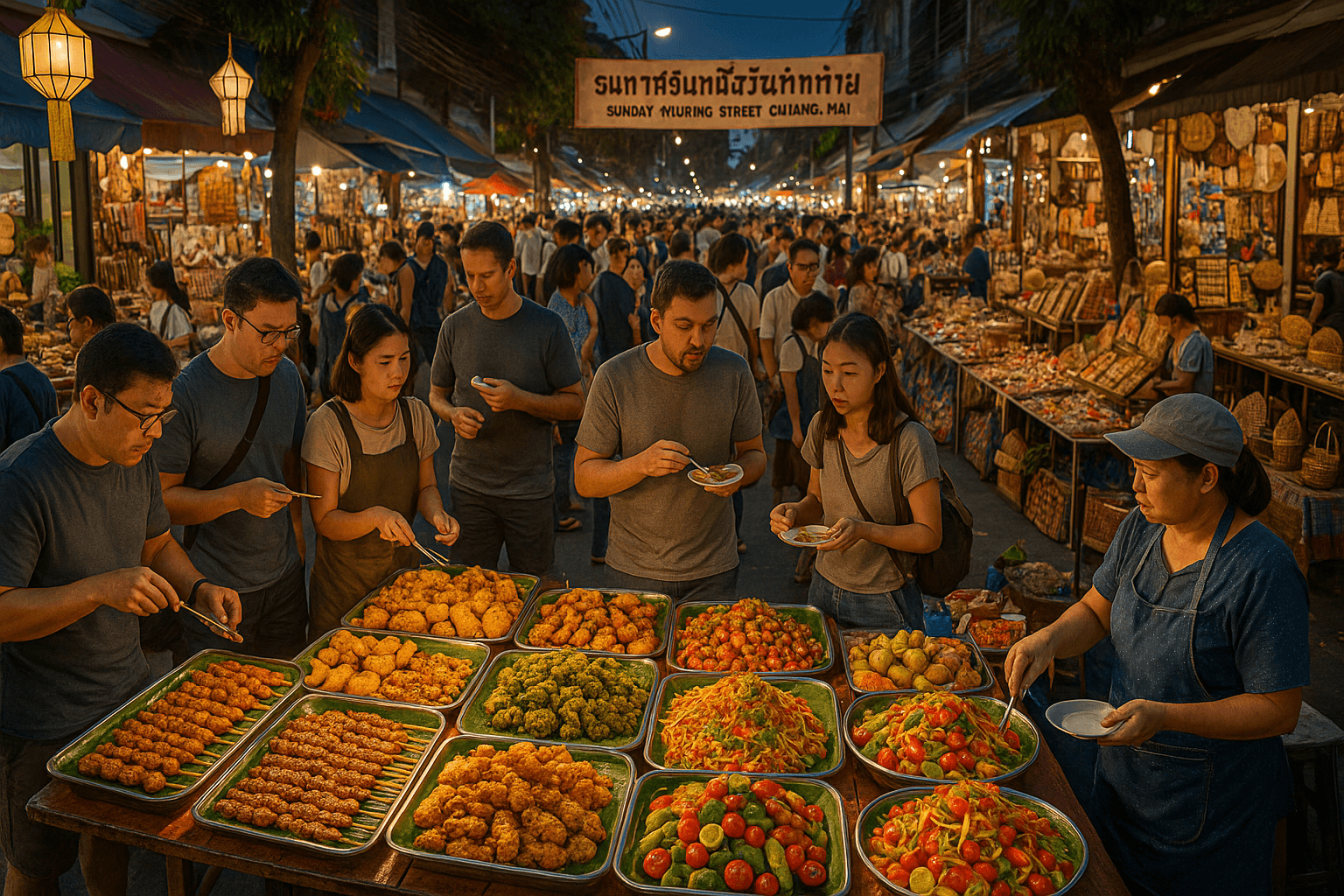 Lively scene of Sunday Walking Street in Chiang Mai, showcasing food stalls and culture