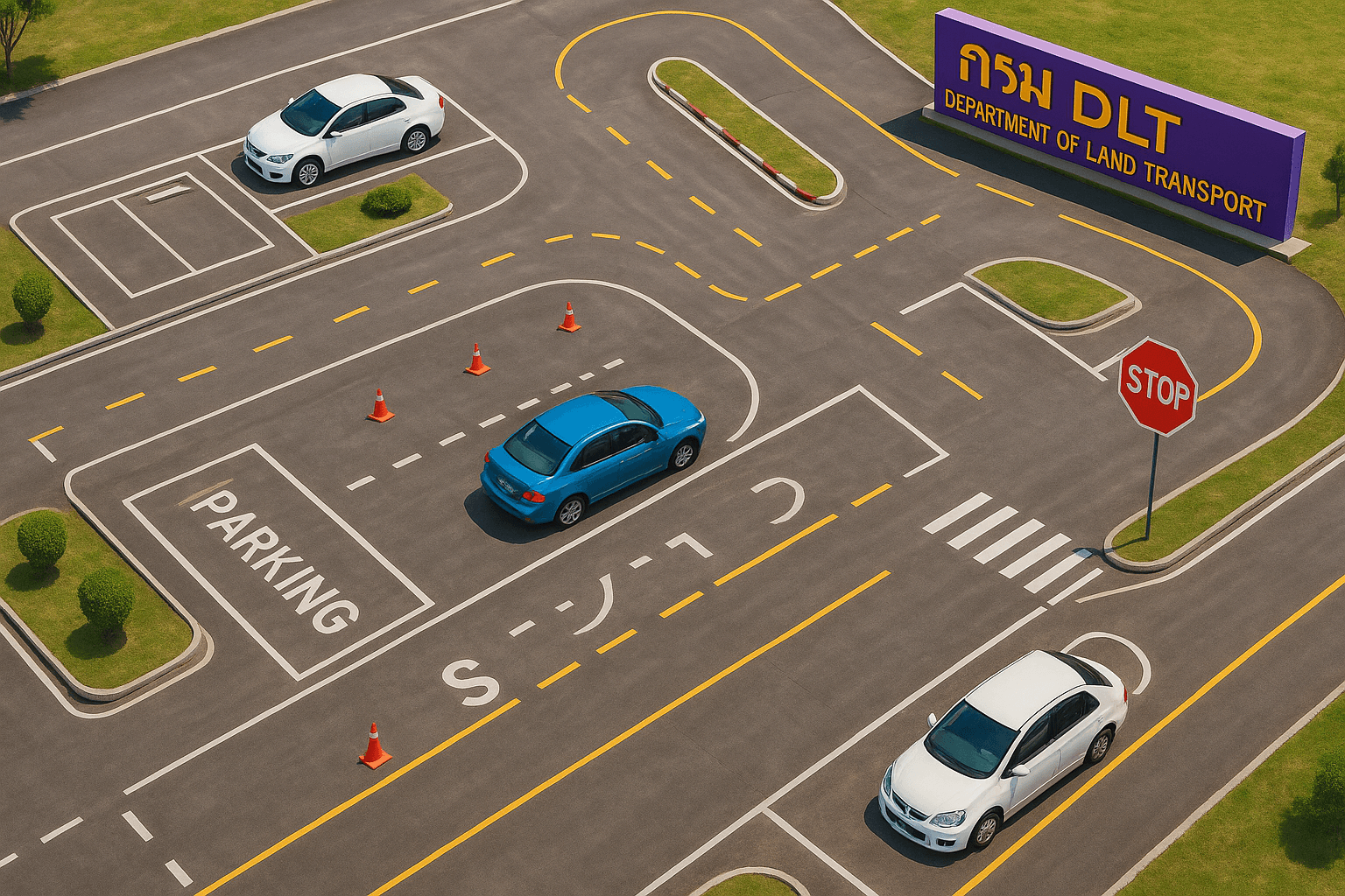 Aerial view of driving test course in Thailand showing practical scenarios.