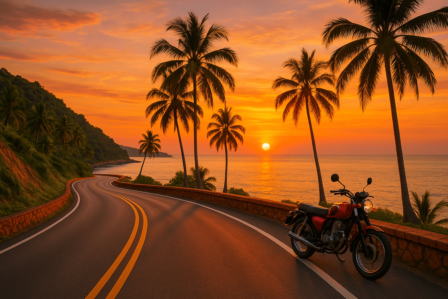 Winding coastal road in Thailand during sunset with a motorbike.