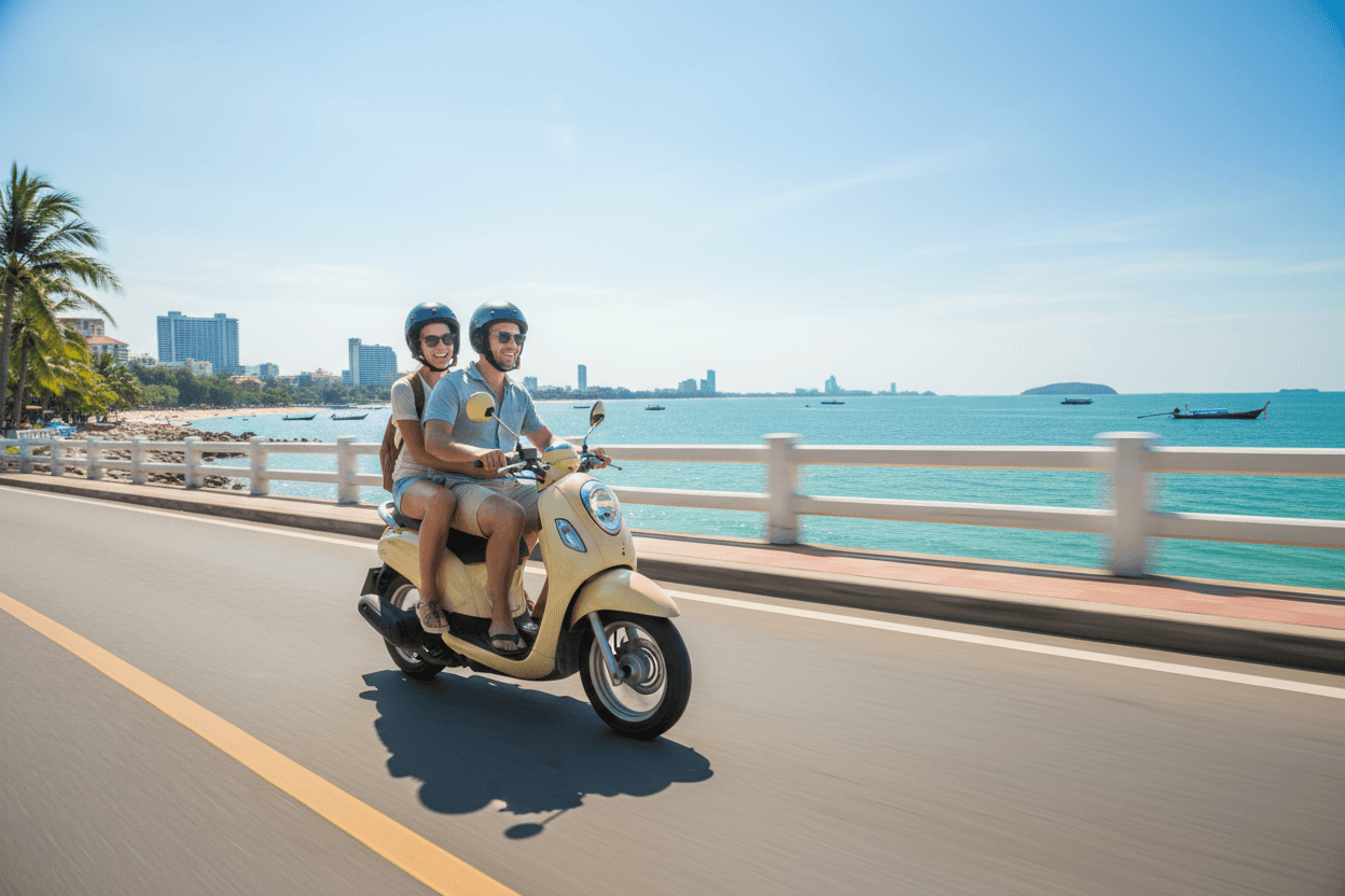 Tourists riding a motorbike along Pattaya coastline