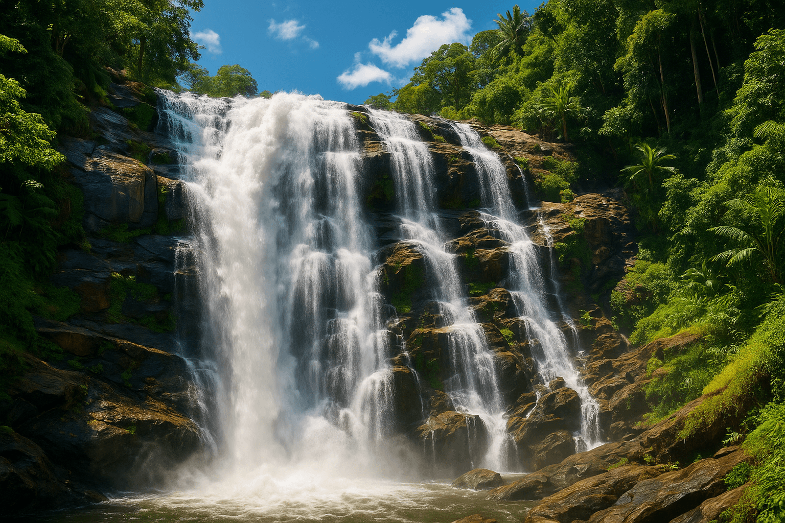 Wachirathan Waterfall in Doi Inthanon surrounded by lush greenery