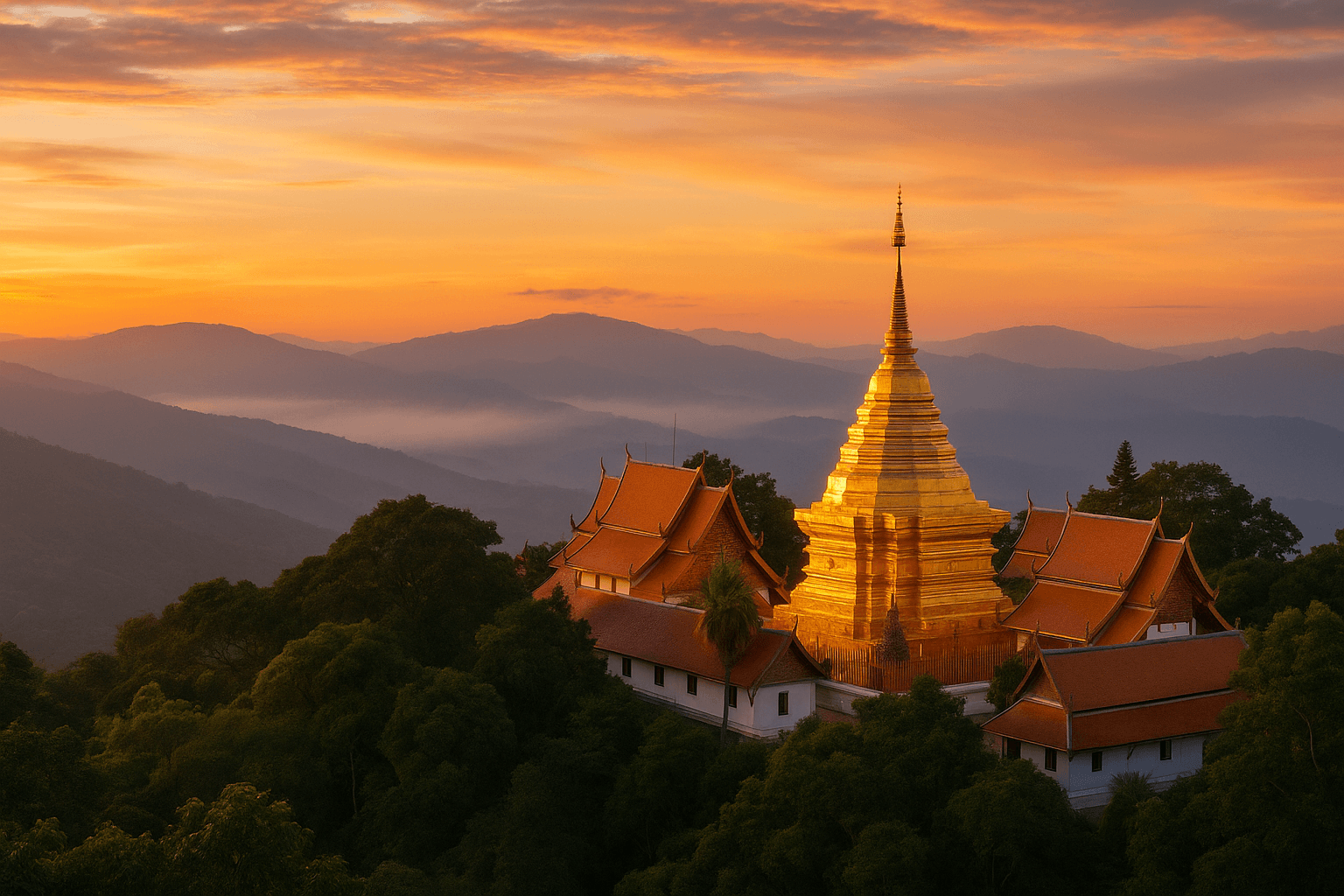Golden hour view of Wat Phra That Doi Suthep temple in Chiang Mai