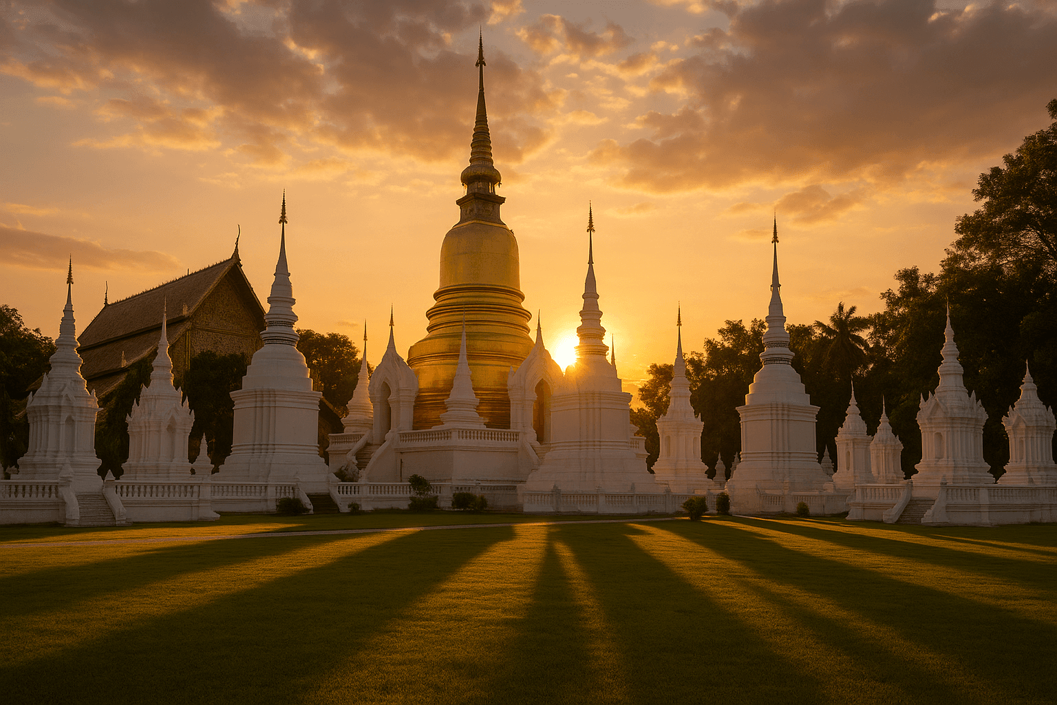 Sunset view of the white chedis at Wat Suan Dok in Chiang Mai